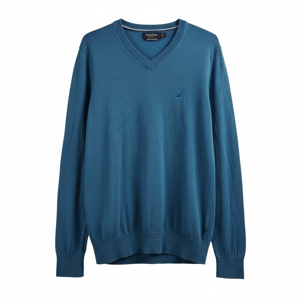 Nautica Mens Luxury Performance‎ V-Neck Sweater Teal Blue Cotton Modal S43700 M